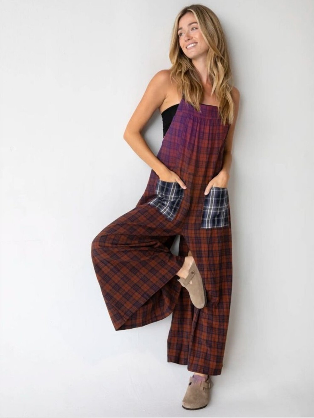 Natural Life XS Plaid Wide Leg Overall Jumpsuit Tie Back Pockets NWT